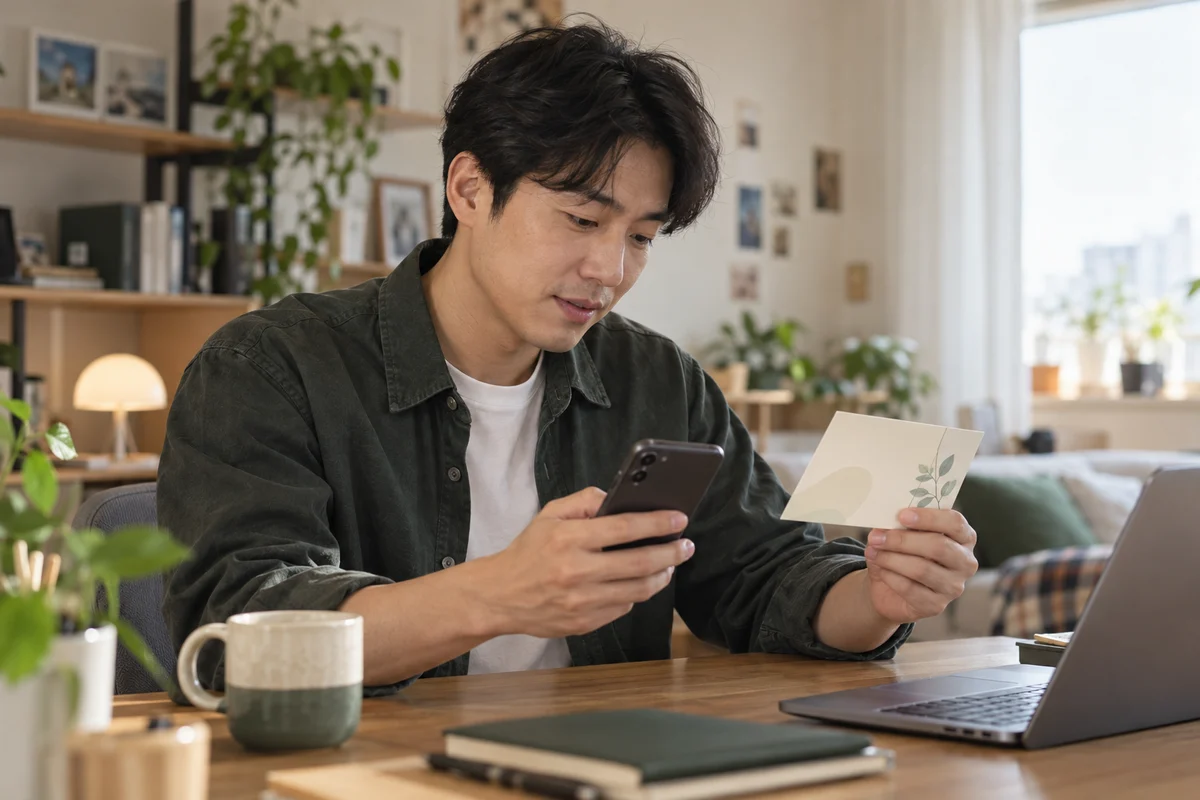 집에서 상품권과 휴대폰을 살펴보는 한국 남성의 일상 장면