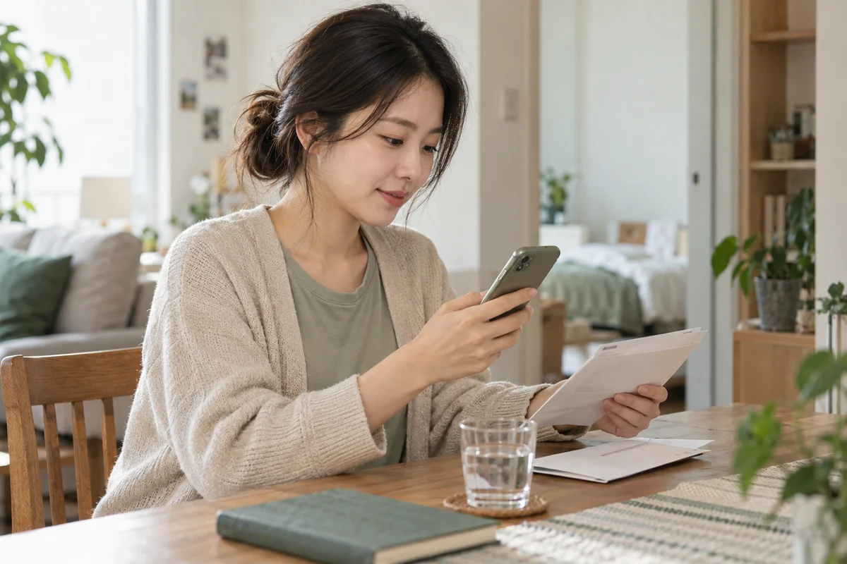 집에서 휴대폰과 우편물을 살펴보는 한국 여성의 일상 장면