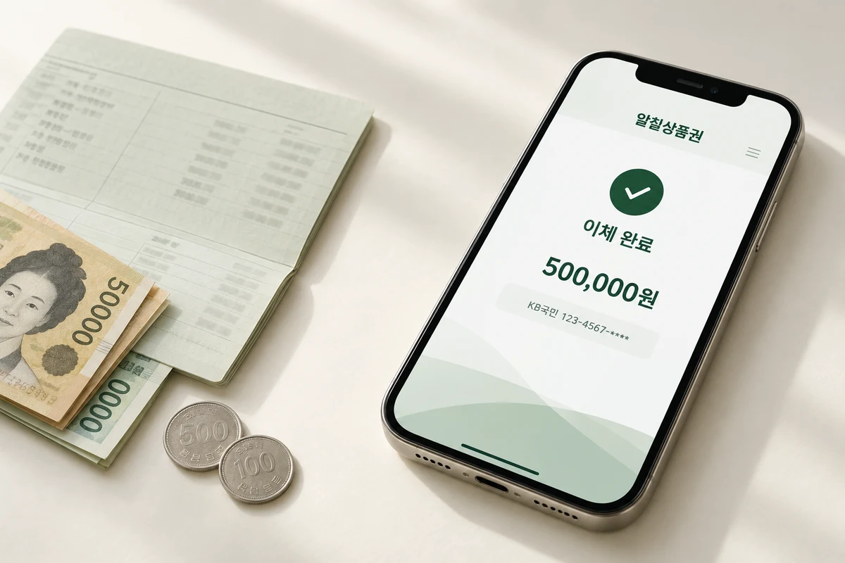이체 완료 화면과 이체 내역, 현금을 표현한 브랜드 이미지